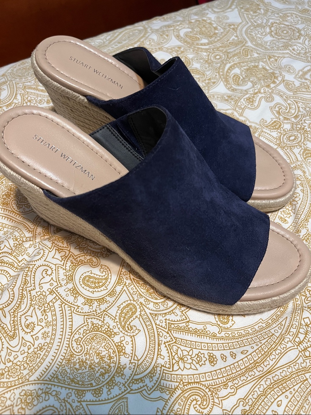 Stuart Weitzman Navy Suede Espadrille Slide Sandals with Tan Footbed